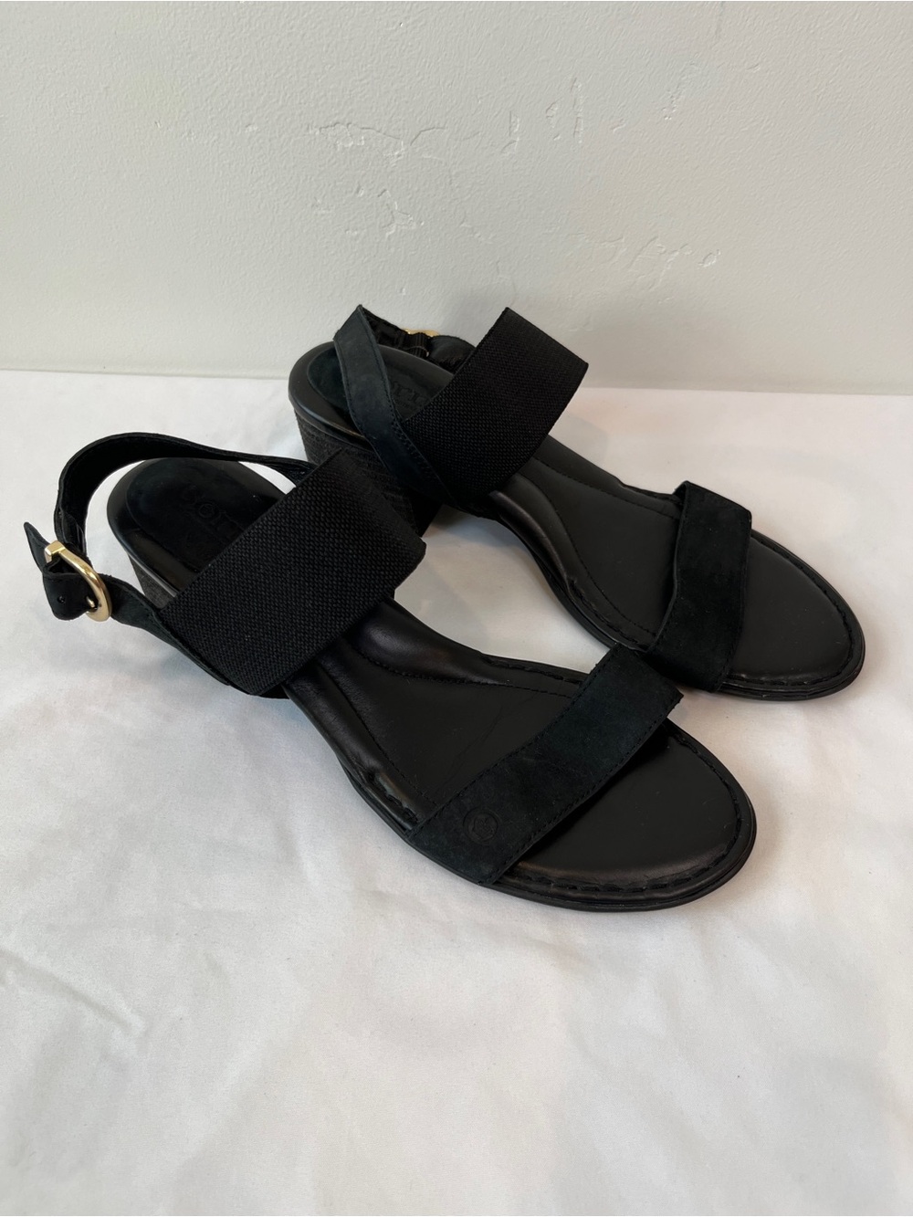 Born Hanz Black Suede Knit Leather Slingback Sandals Wedge Womens Size 8 M